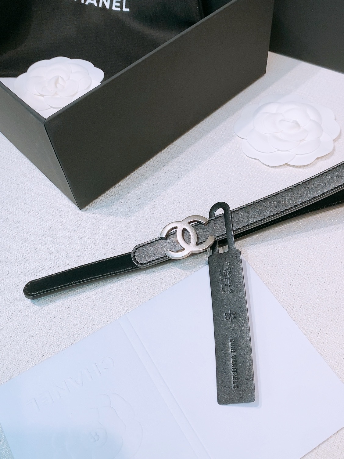 Chanel Slim Black Leather Belt with Silver CC Buckle