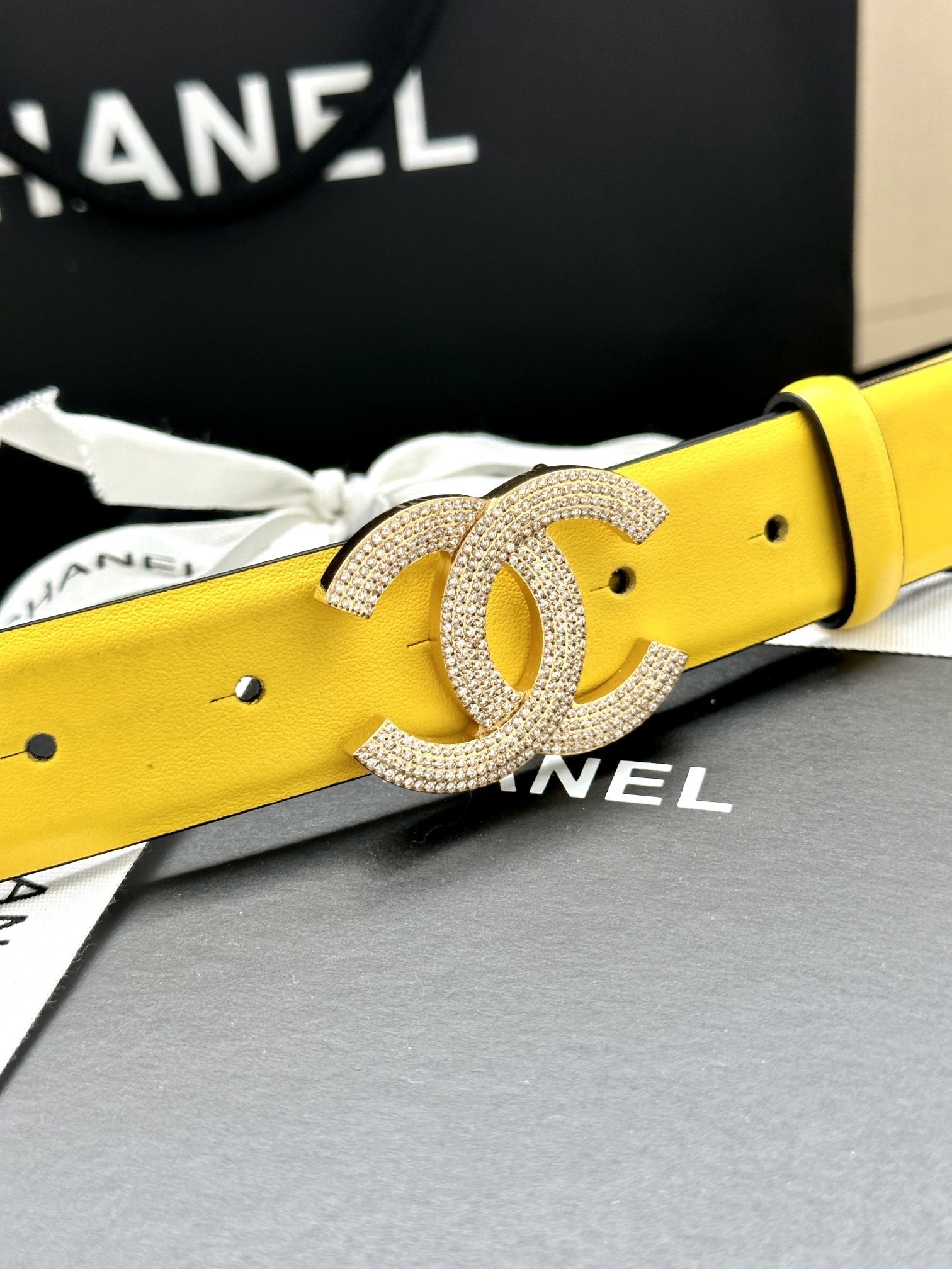 Luxury Crystal Double C Yellow Leather Belt for Women