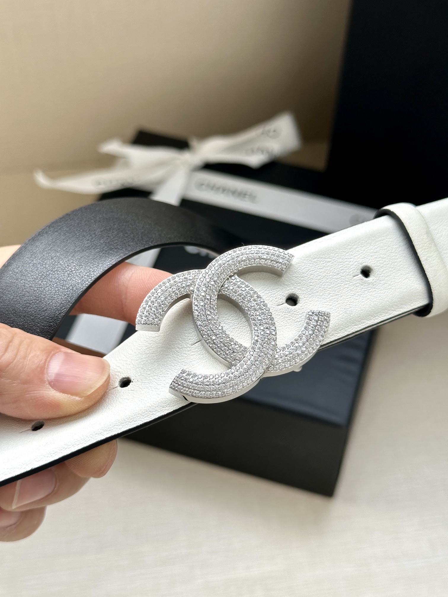 Chanel Reversible Leather Belt with Crystal Double C Buckle