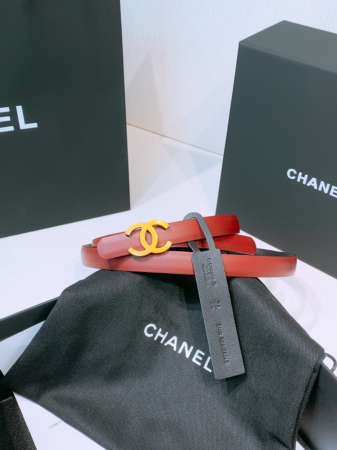 Chanel Thin Red Leather Belt with Iconic Gold CC Buckle