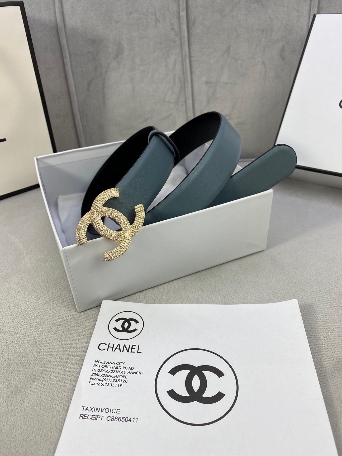 Chanel CC Logo Crystal Buckle Leather Belt - Teal Blue