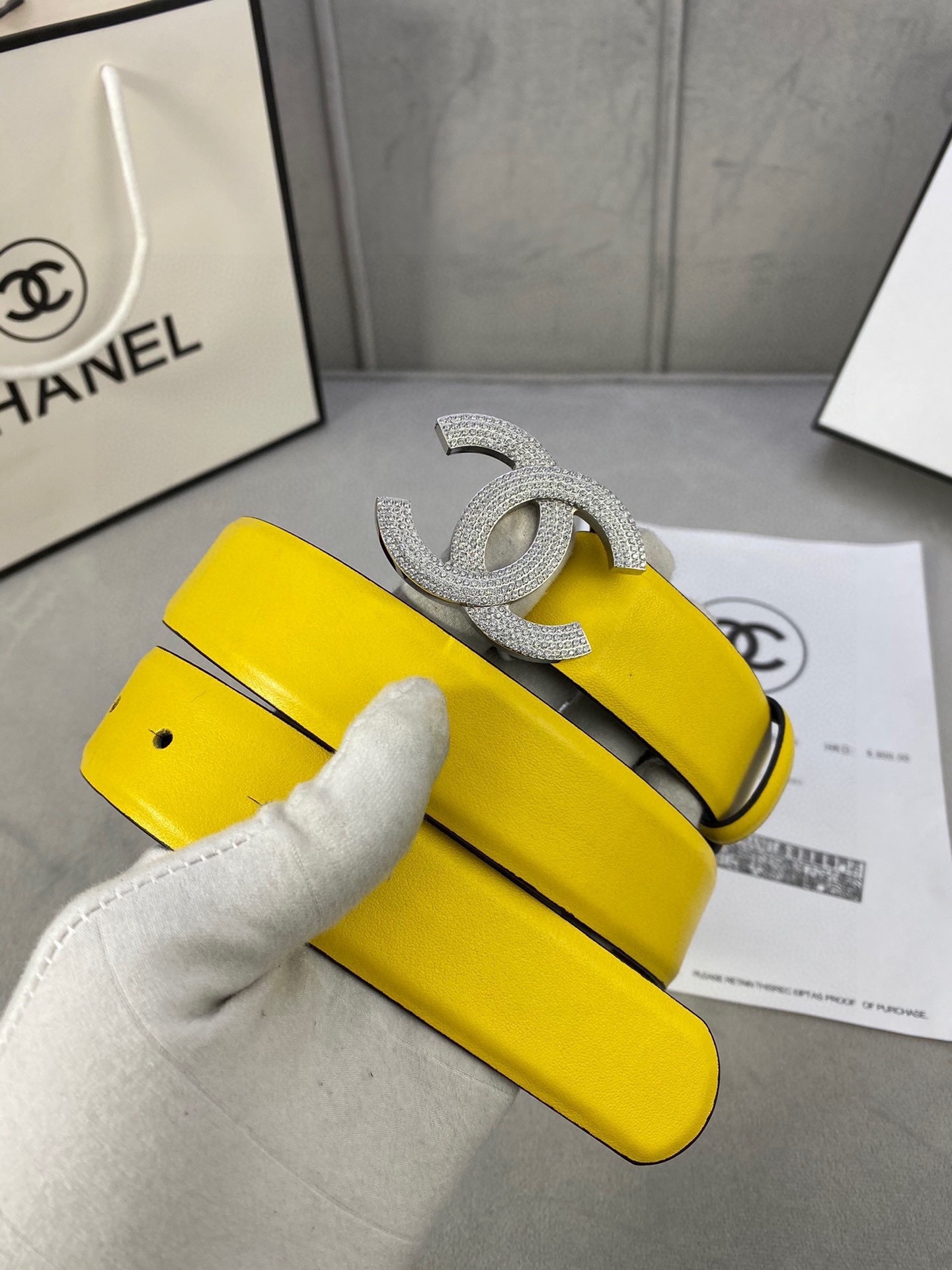 Luxury Vibrant Yellow Leather Belt with Crystal CC Buckle