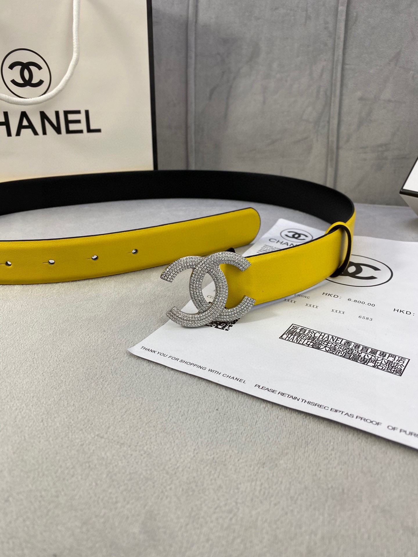 Luxury Vibrant Yellow Leather Belt with Crystal CC Buckle