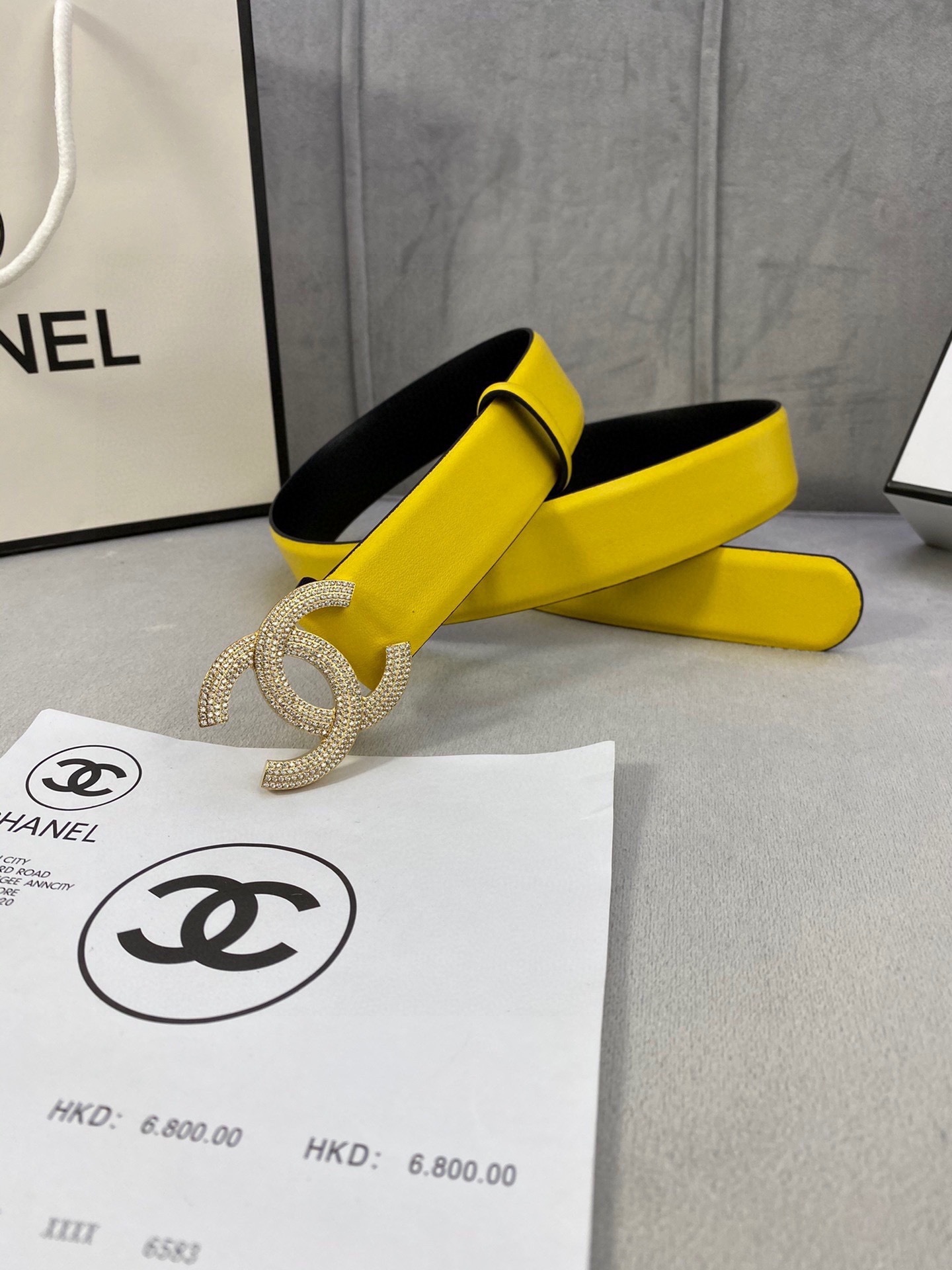 Luxury Vibrant Yellow Leather Belt with Crystal CC Buckle