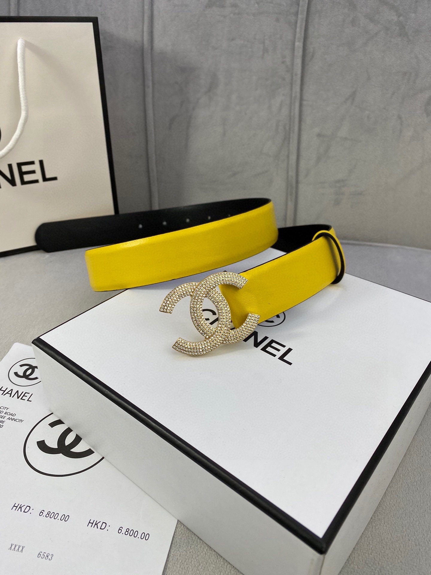 Luxury Vibrant Yellow Leather Belt with Crystal CC Buckle