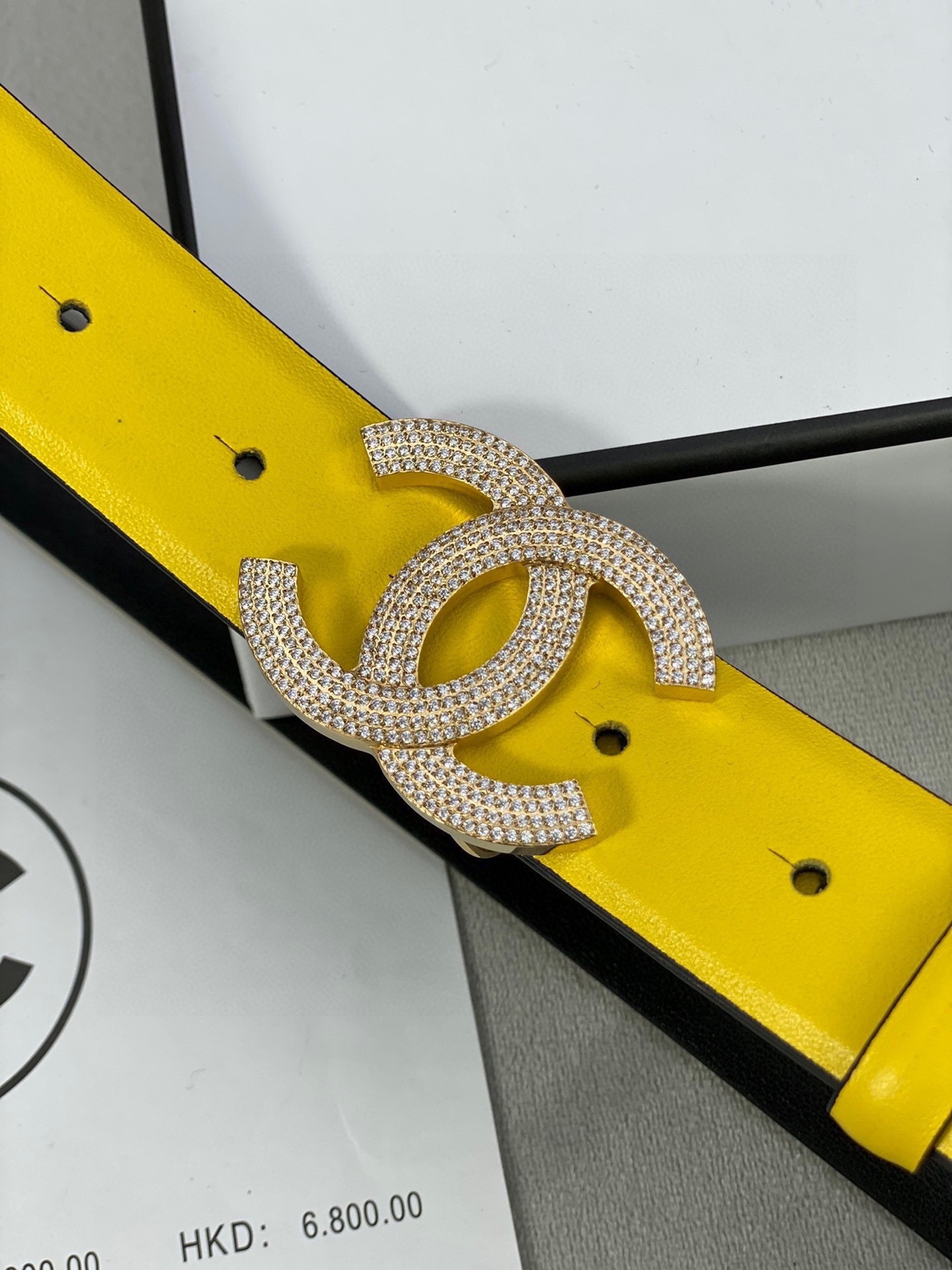 Luxury Vibrant Yellow Leather Belt with Crystal CC Buckle