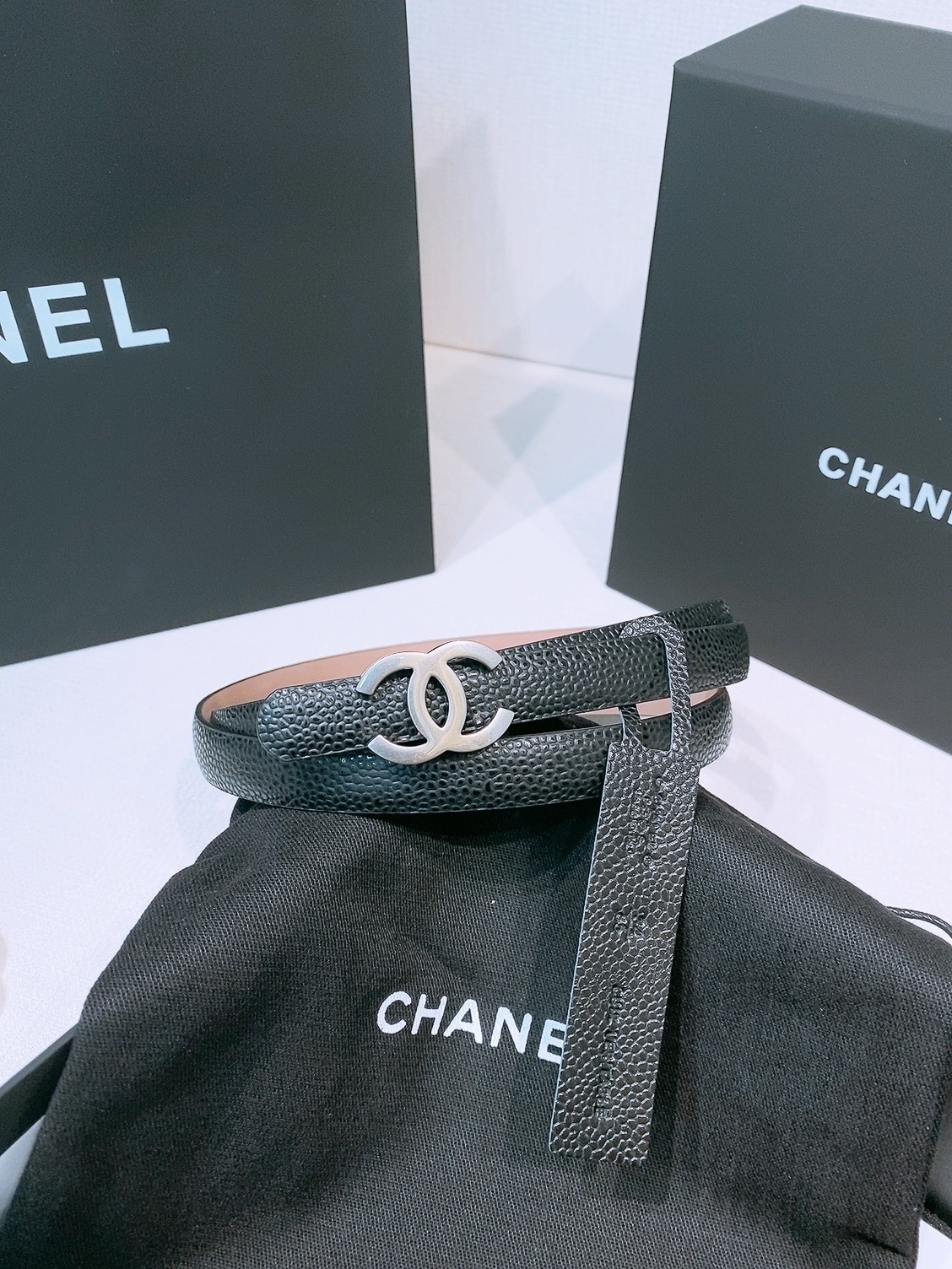 Chanel Black Caviar Skinny Belt with Silver CC Buckle