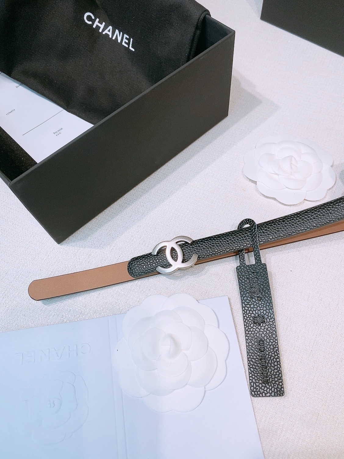 Chanel Black Caviar Skinny Belt with Silver CC Buckle