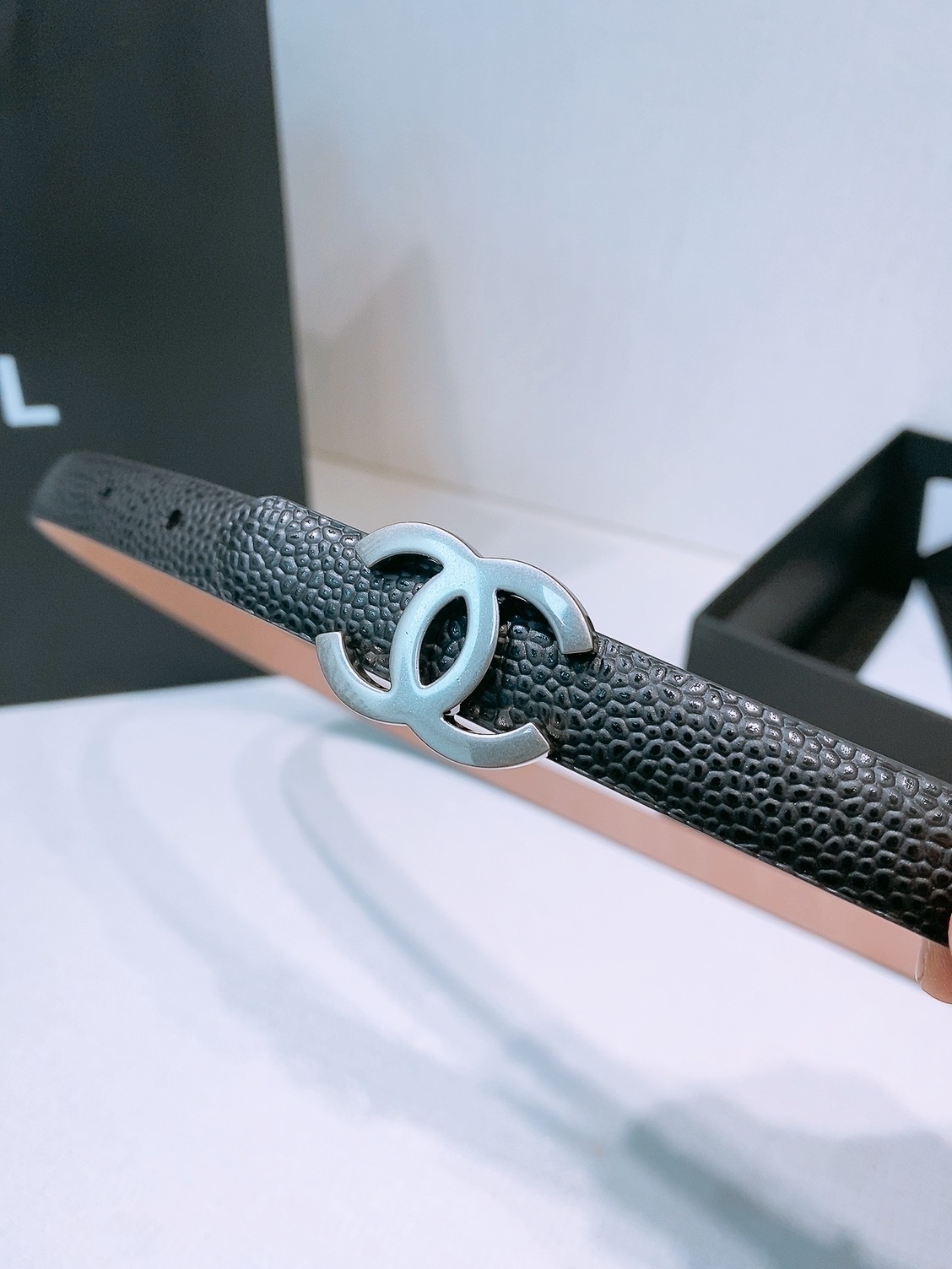 Chanel Black Caviar Skinny Belt with Silver CC Buckle