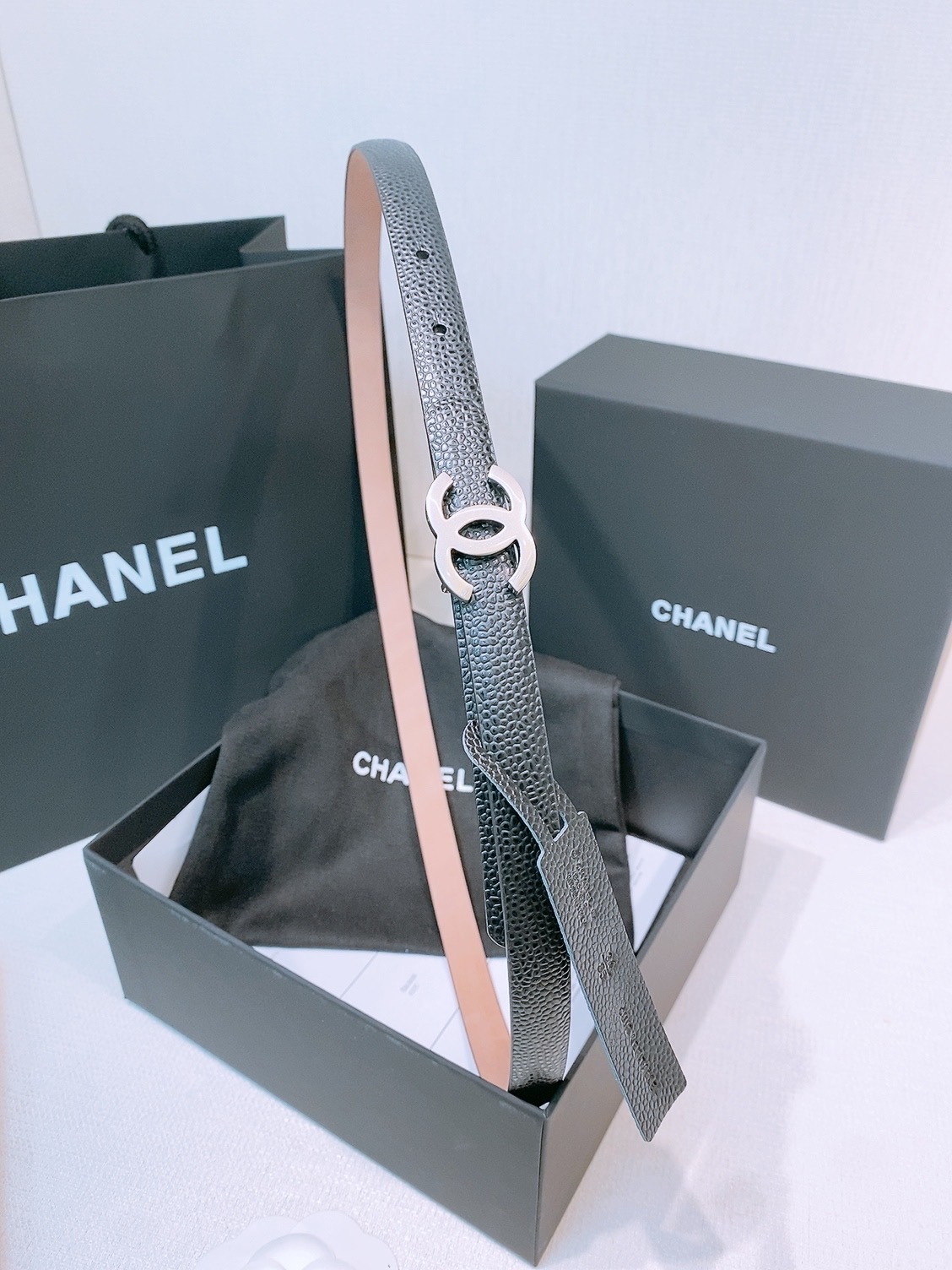 Chanel Black Caviar Skinny Belt with Silver CC Buckle