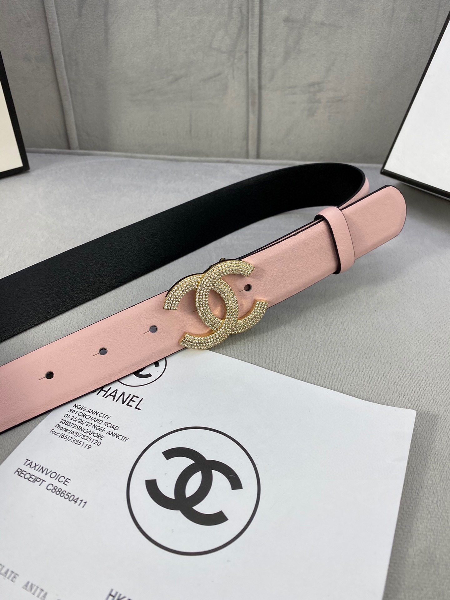 Luxury Pink Leather Belt with Crystal-Encrusted Gold CC Buckle