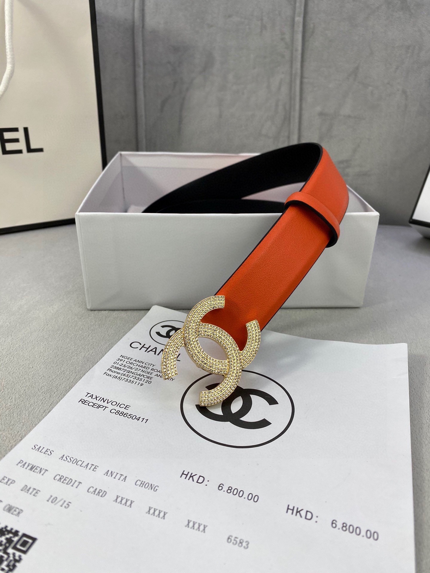 Chanel Orange Leather Belt with Crystal-Encrusted CC Buckle