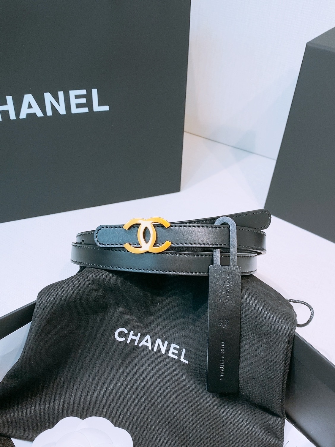 Chanel Thin Black Leather Belt with Gold-Tone CC Buckle