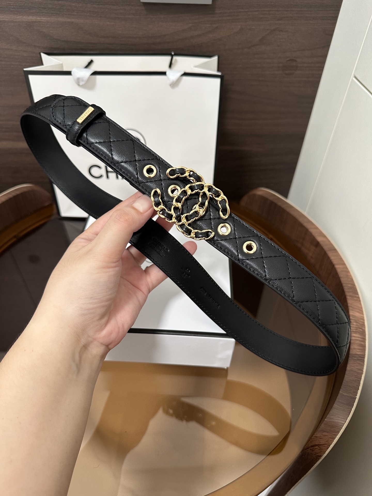 Chanel Quilted Leather Belt with Gold Chain-Link CC Buckle