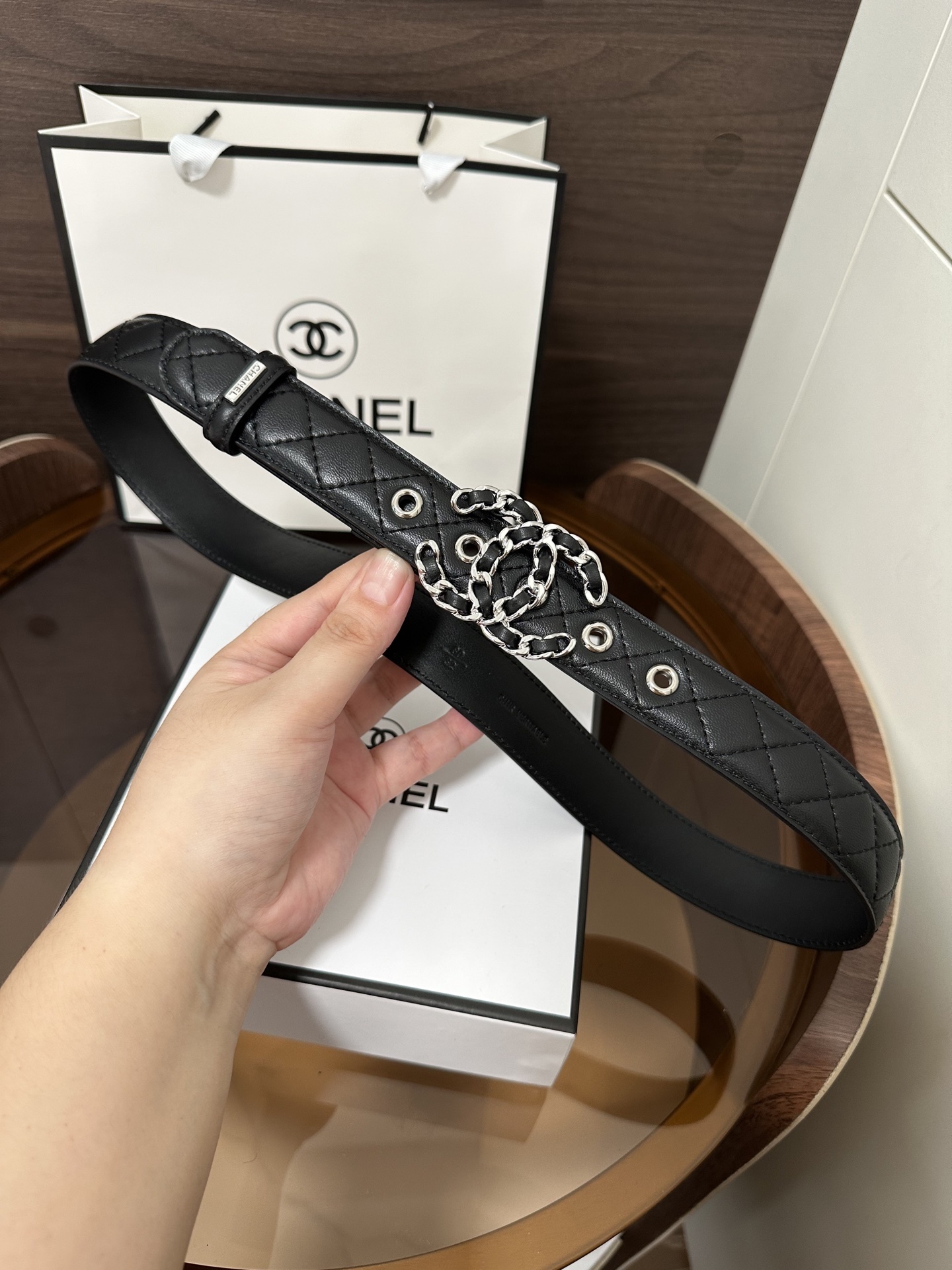 Chanel Quilted Leather Belt with Silver Chain CC Buckle