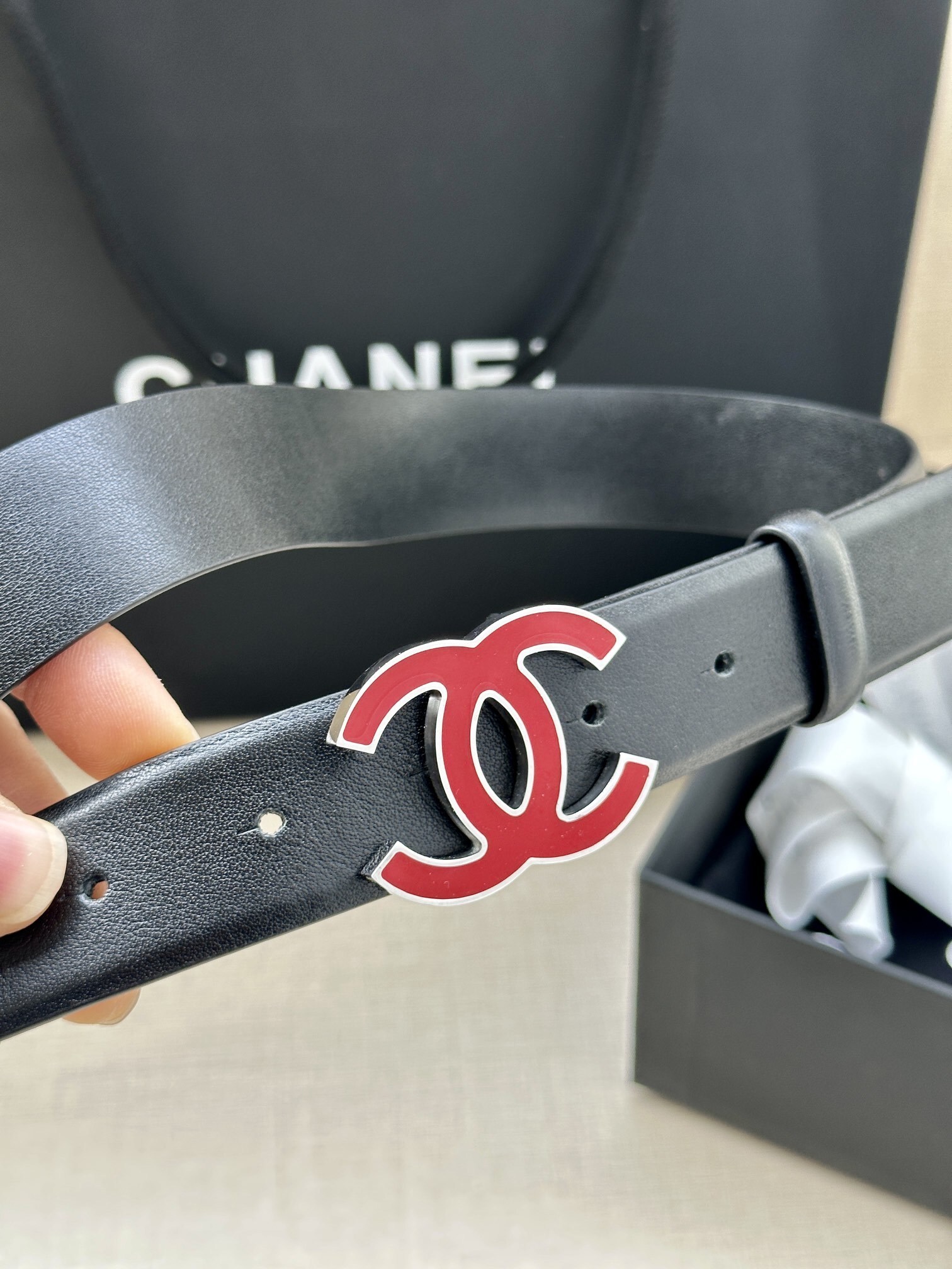 Chanel Black Leather Belt with Red Enamel CC Buckle