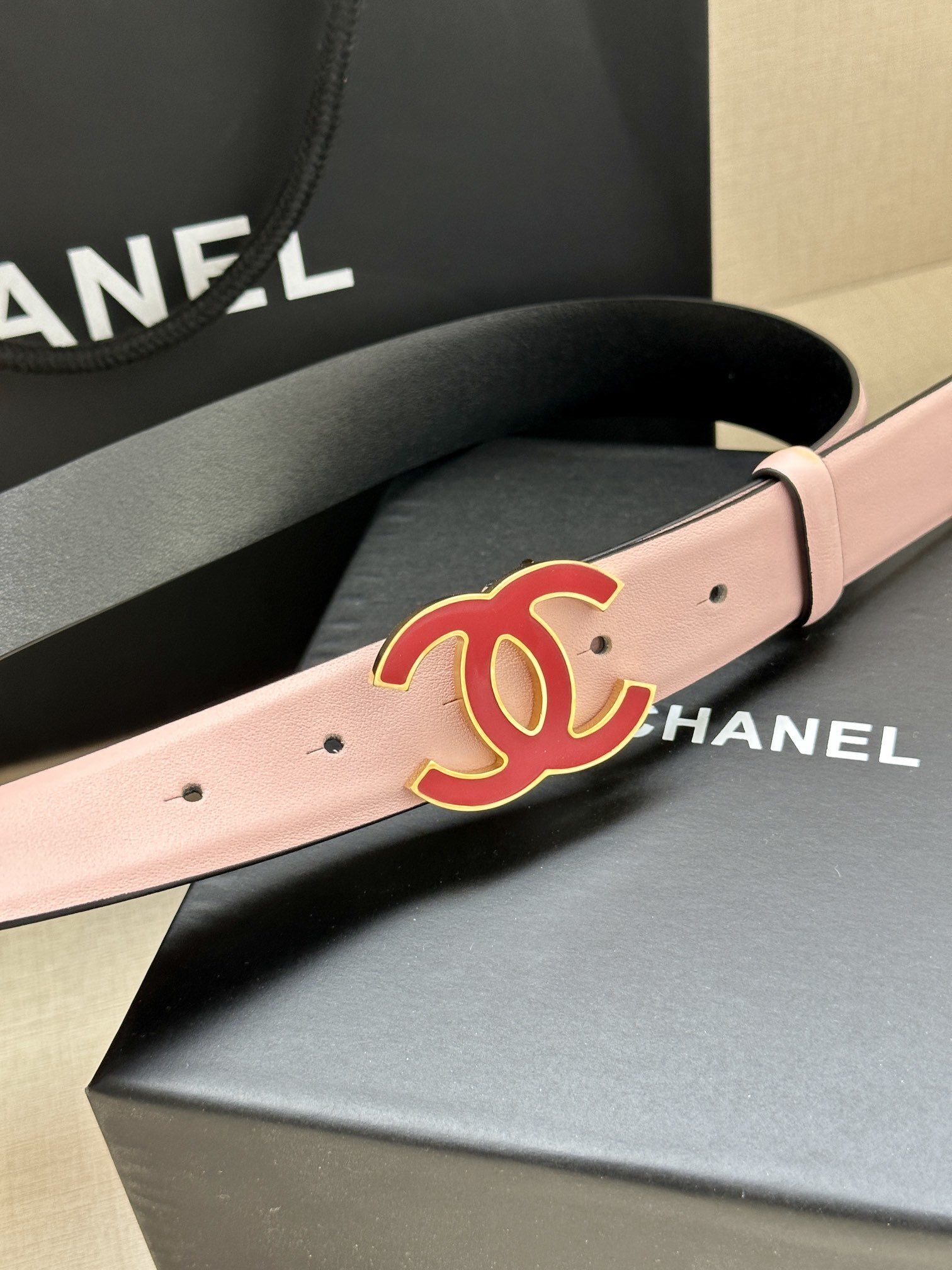 Pink Leather Belt with Red Enamel CC Buckle - Luxury Edition