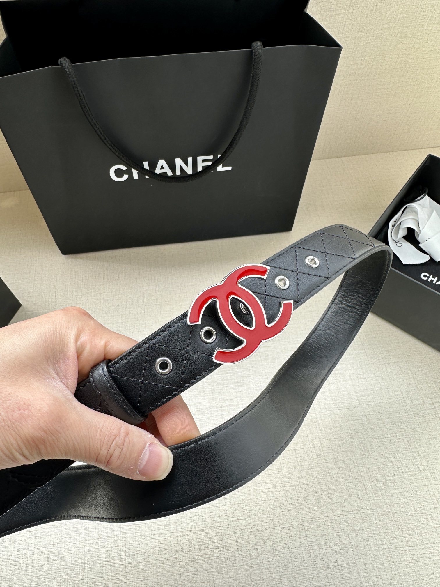 Chanel Quilted Black Leather Belt with Red CC Logo Buckle