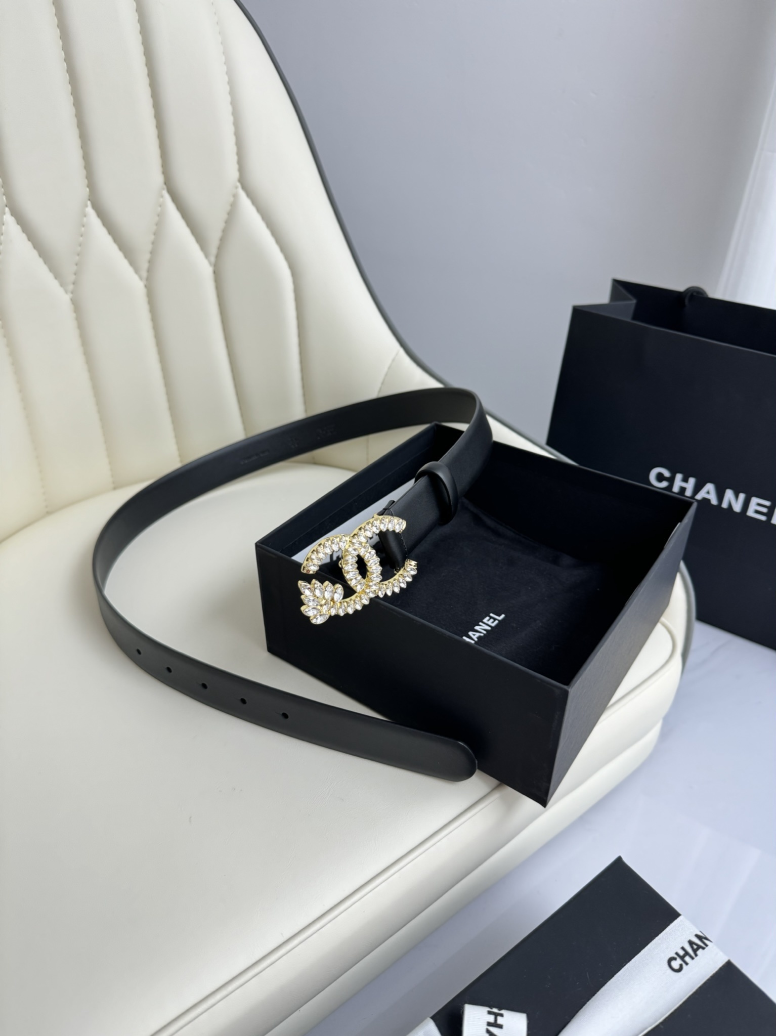 Luxury Crystal Double C Leather Belt for Women - Black & Gold