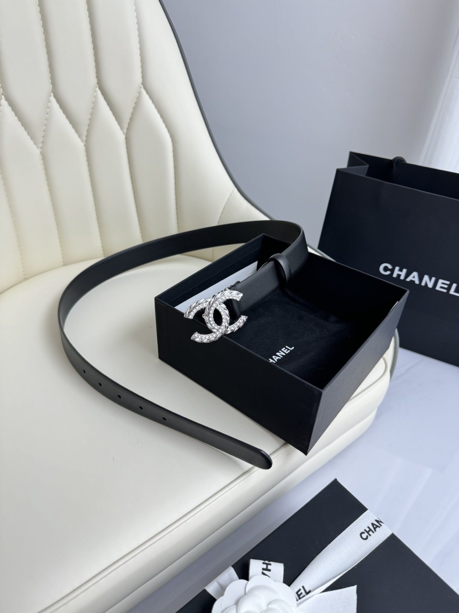 Chanel Black Leather Belt with Crystal CC Buckle - Silver Tone