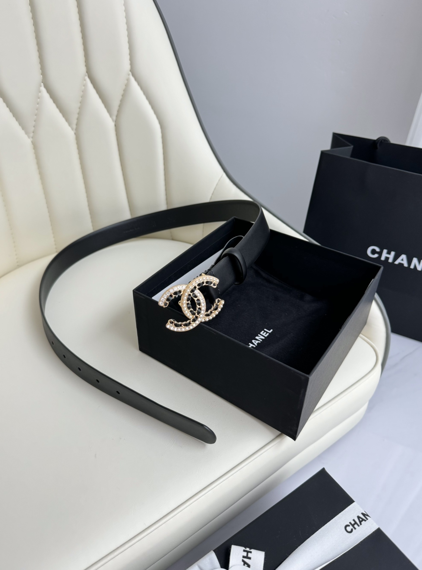 Chanel Elegant Black Leather Belt with Pearl CC Buckle