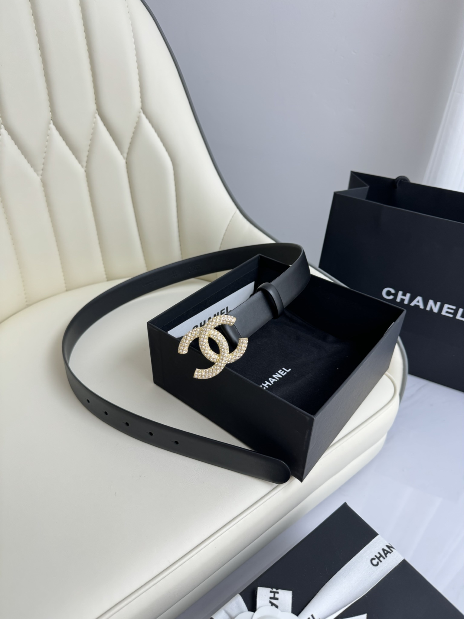 Chanel Black Leather Belt with Crystal CC Buckle - Luxury Edition
