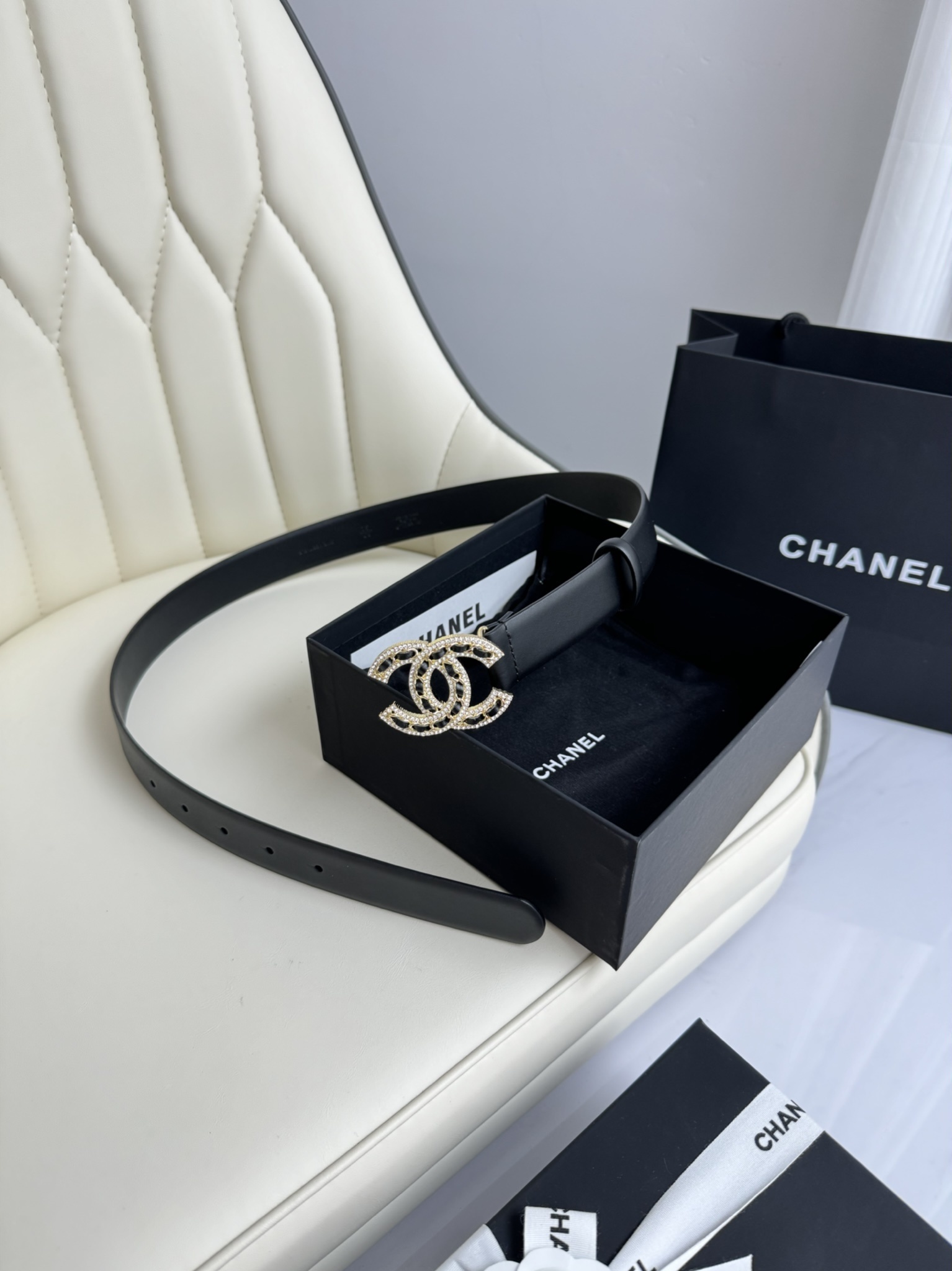Chanel Crystal Embellished CC Logo Leather Belt - Black & Gold