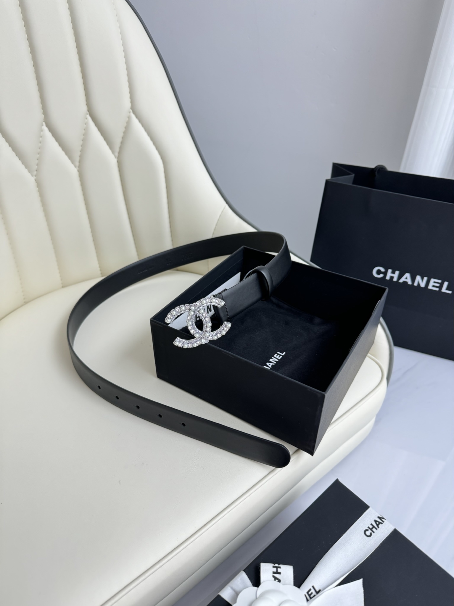 Chanel Crystal & Pearl CC Buckle Black Leather Belt