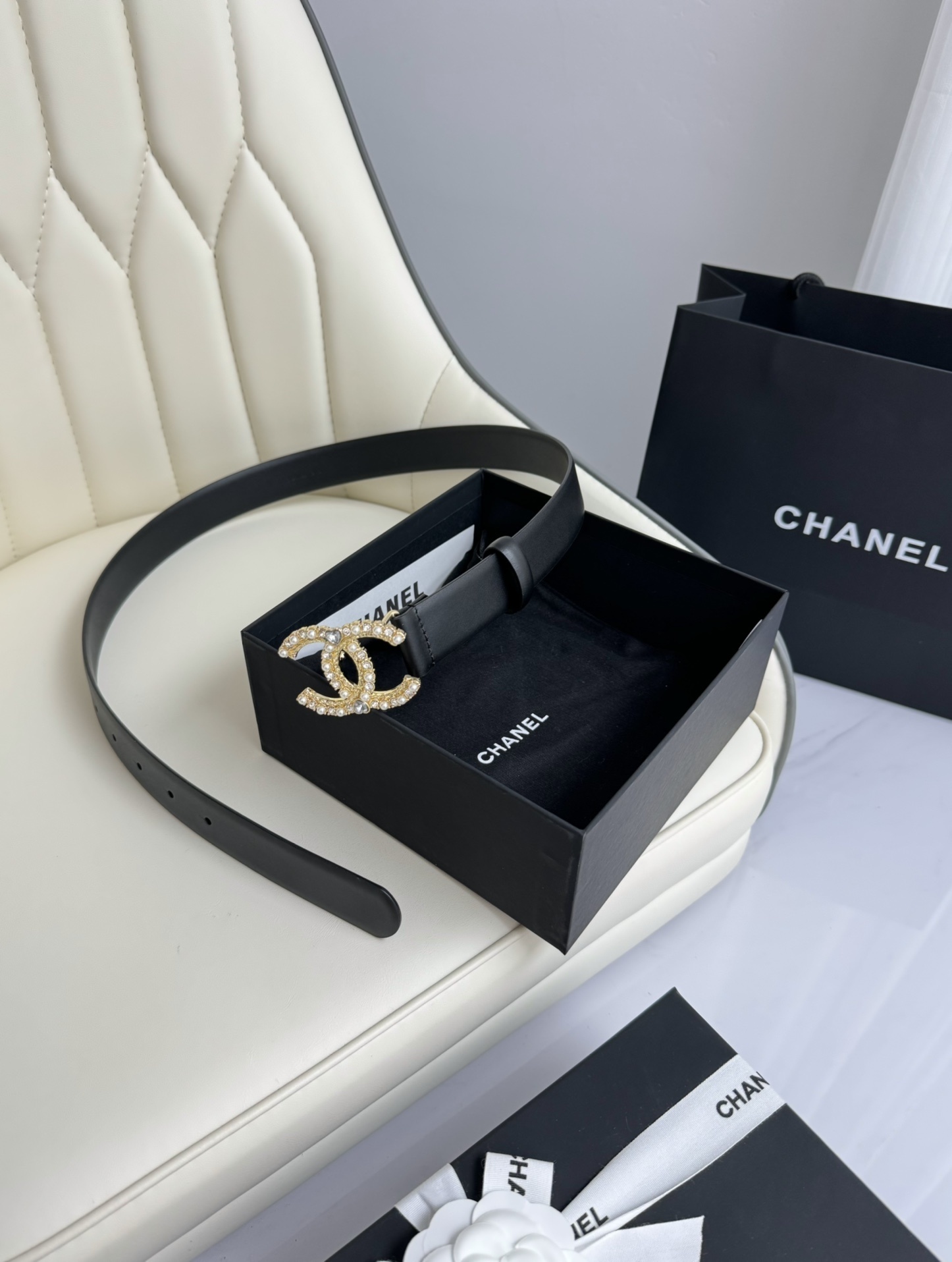 Chanel Pearl-Embellished CC Buckle Black Leather Belt