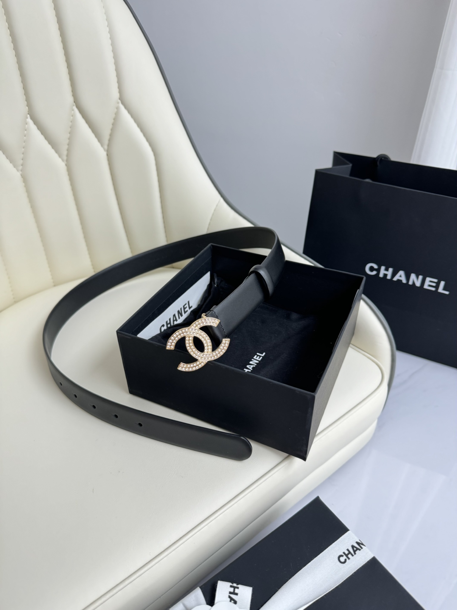 Chanel Black Leather Belt with Crystal Embellished CC Buckle