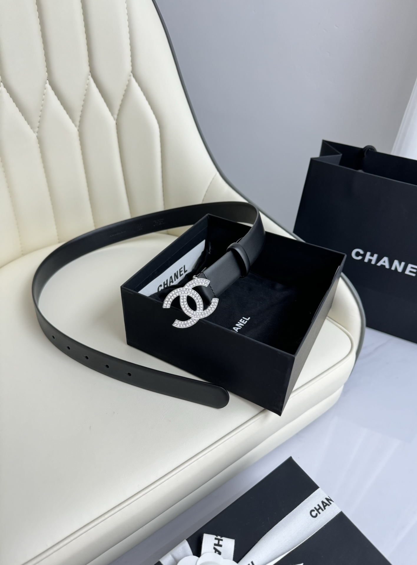 Chanel Black Leather Belt with Crystal CC Buckle - Luxury Accessory