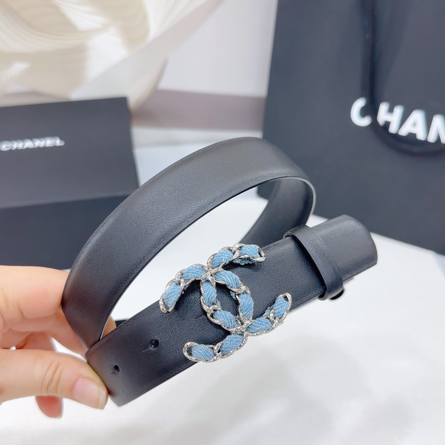 Chanel Black Leather Belt with Denim Chain CC Buckle