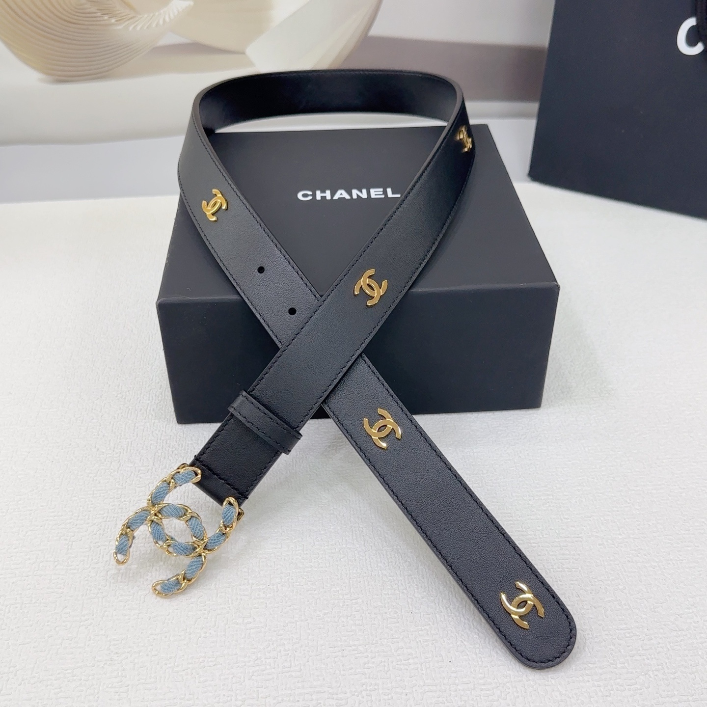 Chanel Black Leather Belt with Denim-Woven CC Buckle