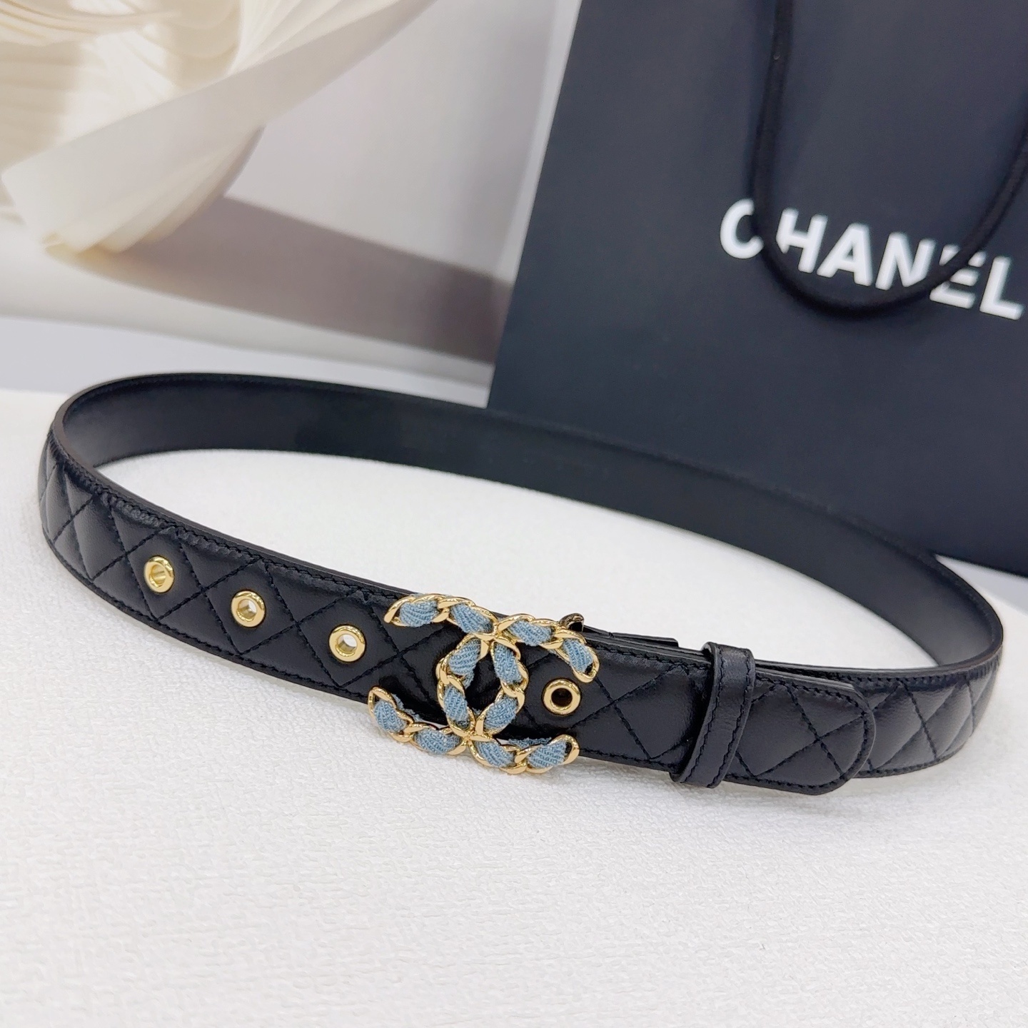 Chanel Black Quilted Belt - Denim CC Buckle