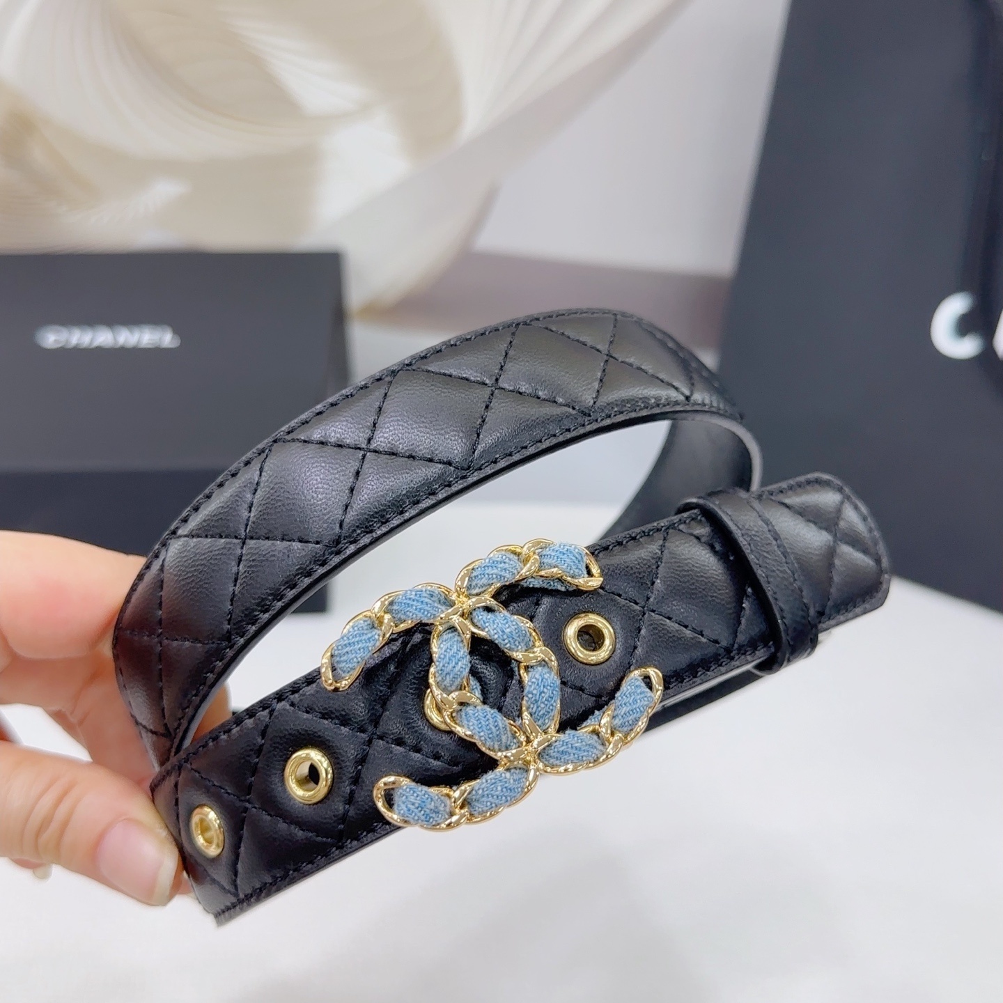 Luxury Quilted Leather Belt with Denim CC Buckle - Black