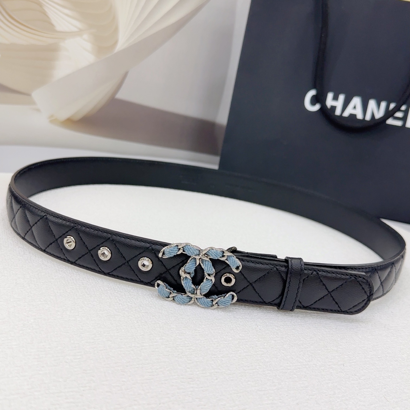 Chanel Black Quilted Belt - Blue Denim CC Buckle