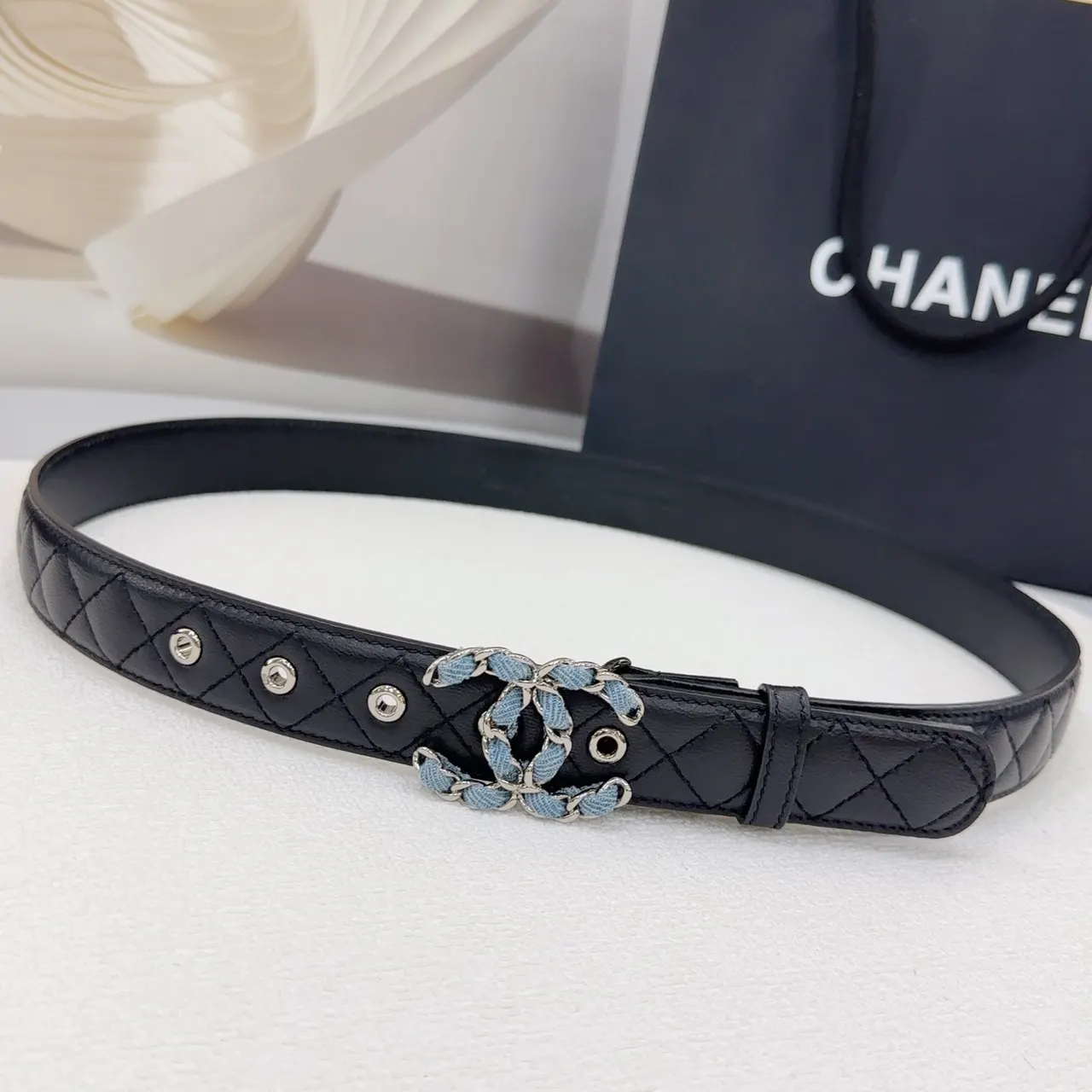 Chanel Black Quilted Belt - Blue Denim CC Buckle