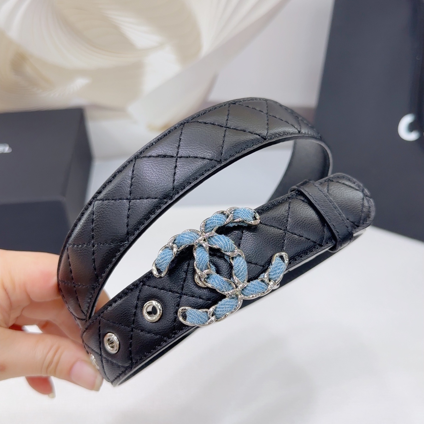 Luxury Black Quilted Leather Belt with CC Denim Buckle