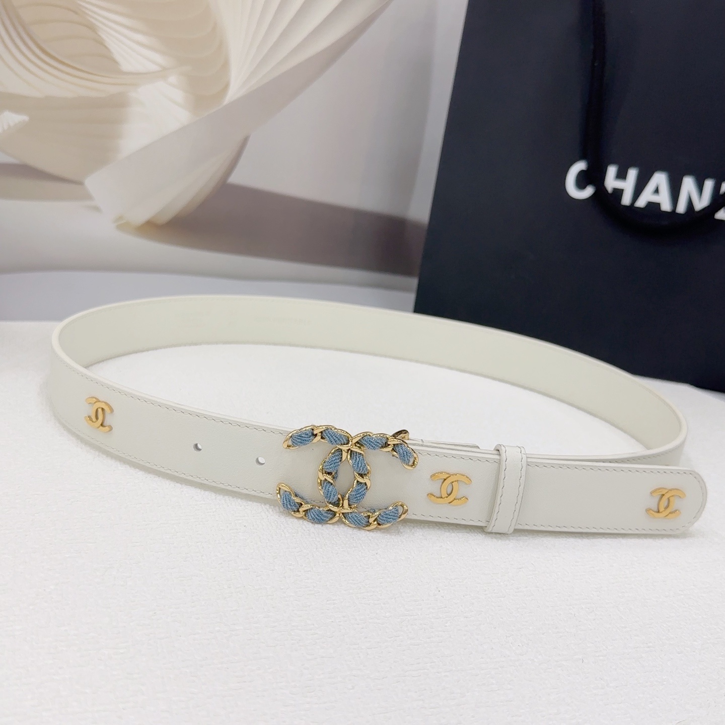 Chanel White Denim CC Belt - Chanel White Leather Belt - Blue Denim CC