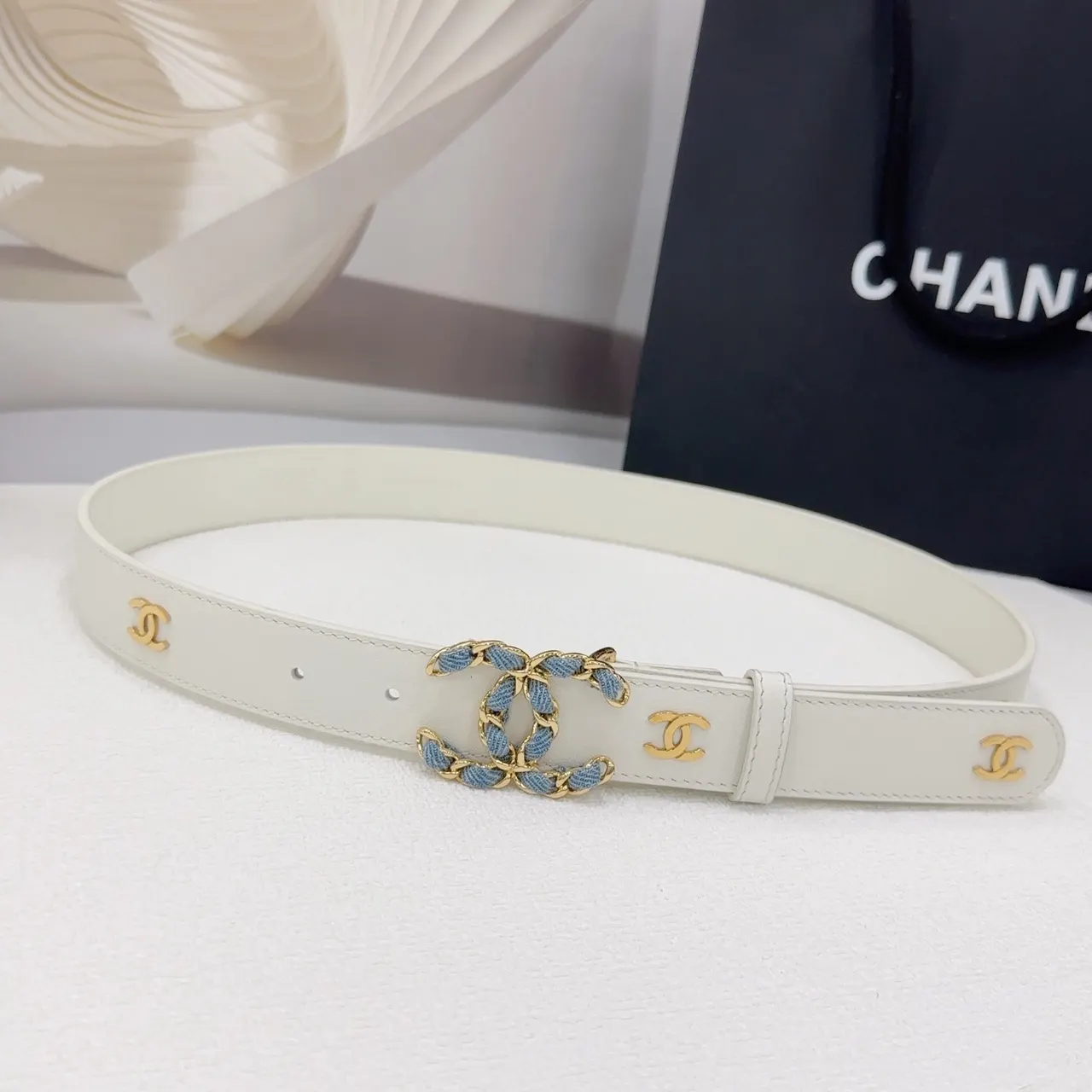 Chanel White Denim CC Belt - Chanel White Leather Belt - Blue Denim CC