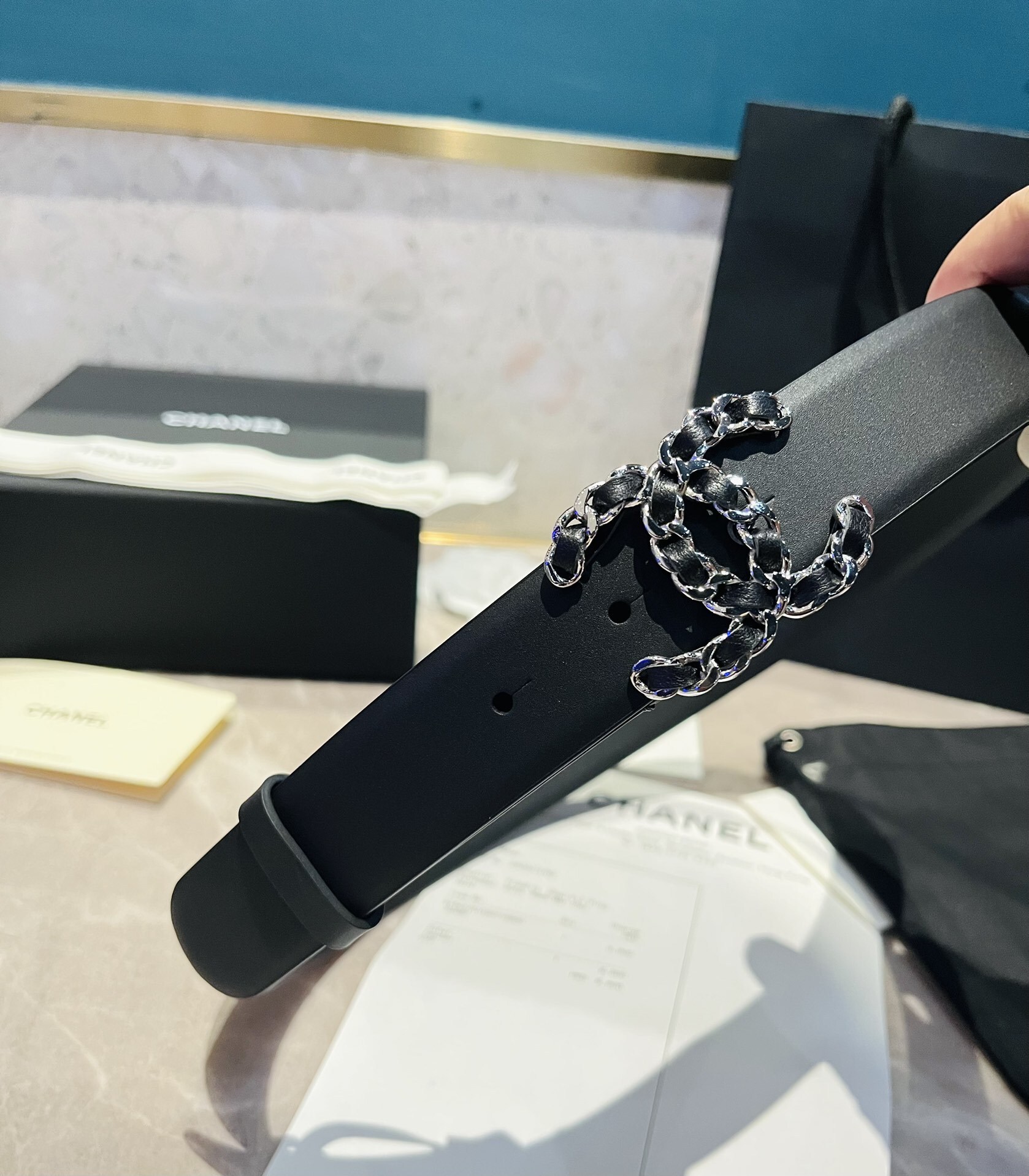 Chanel Black Leather Belt with Silver Chain CC Buckle