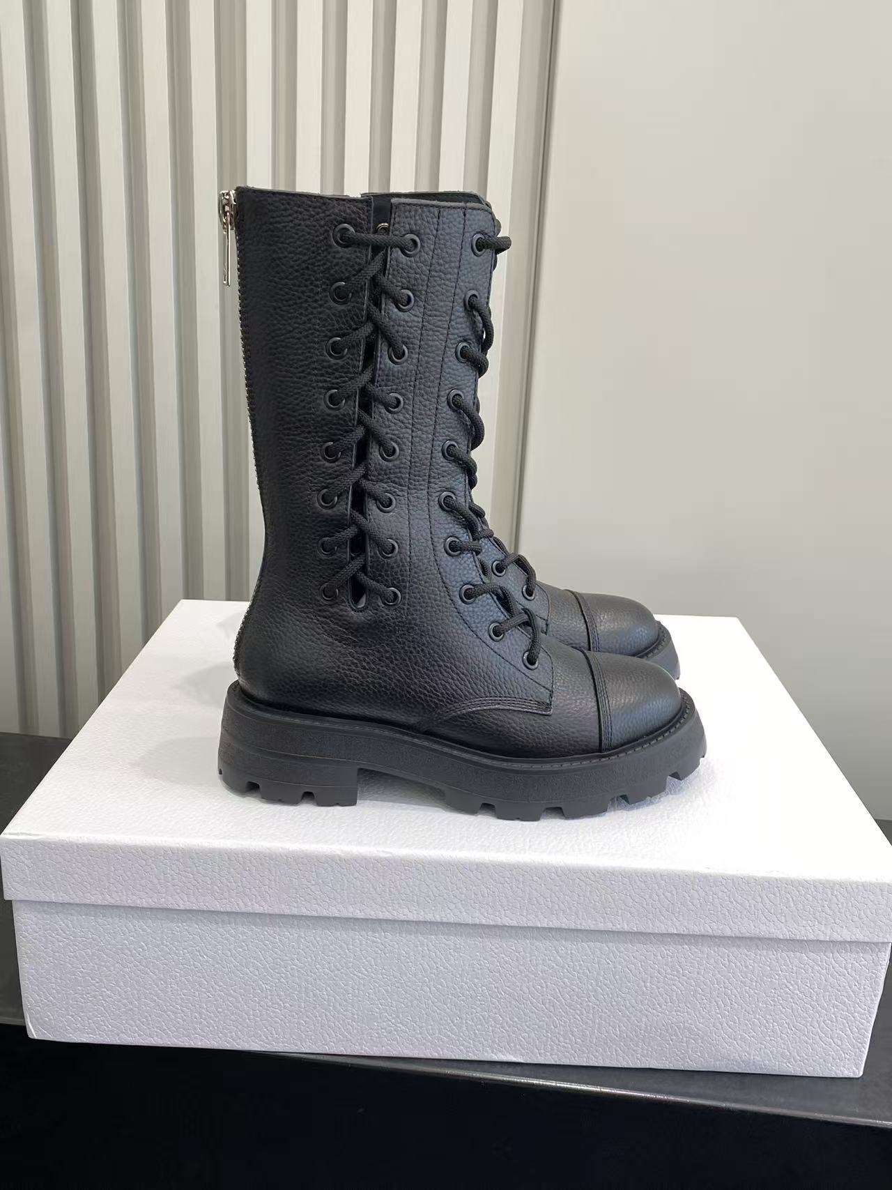 lace Dior Black Grain Leather Combat Boots - Dior Black Grain Leather