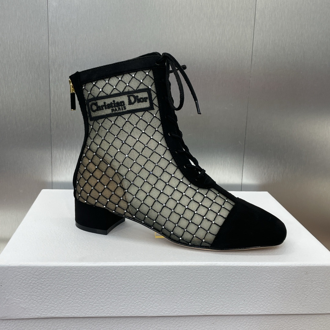 Dior Black Suede Mesh Ankle Boots - Studded Detail