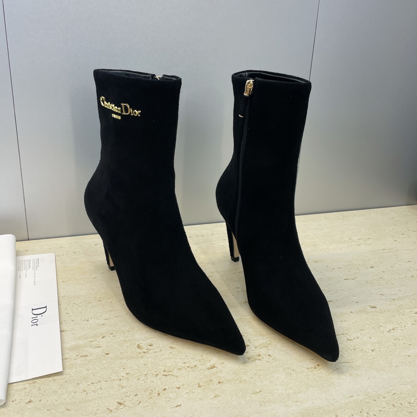 Dior Black Suede Stiletto Ankle Boots - Gold Logo