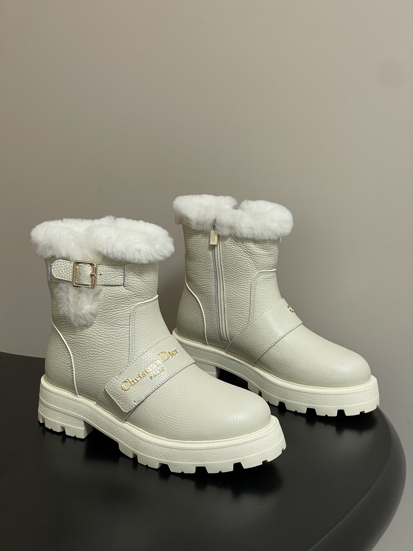 Dior Off-White Fur Boots - Dior Off-White Leather Fur Trim Boots