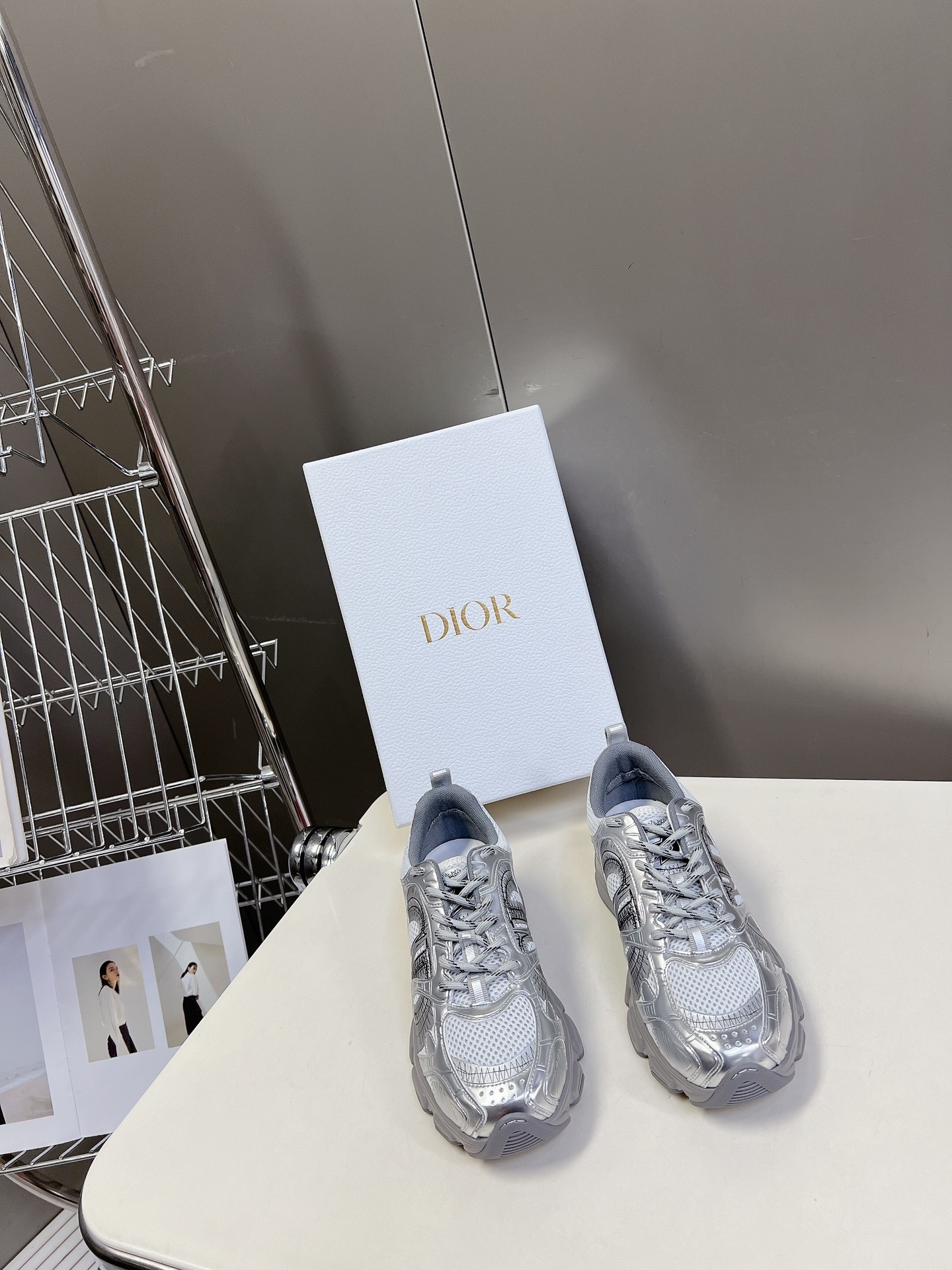 Dior Metallic Silver Tech Sneakers - Futuristic Style