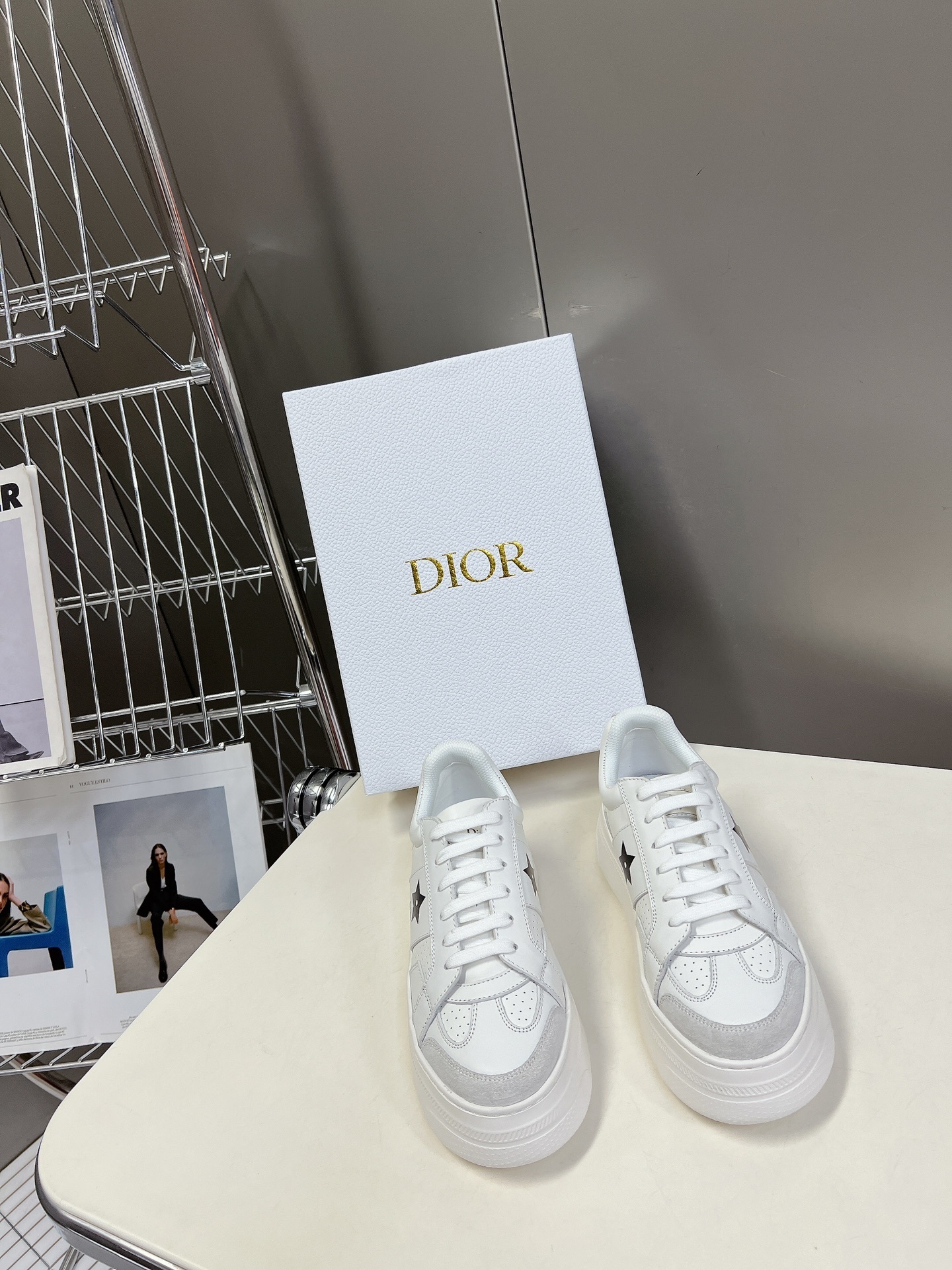 Dior Star White Leather Sneakers - Black Star Accent