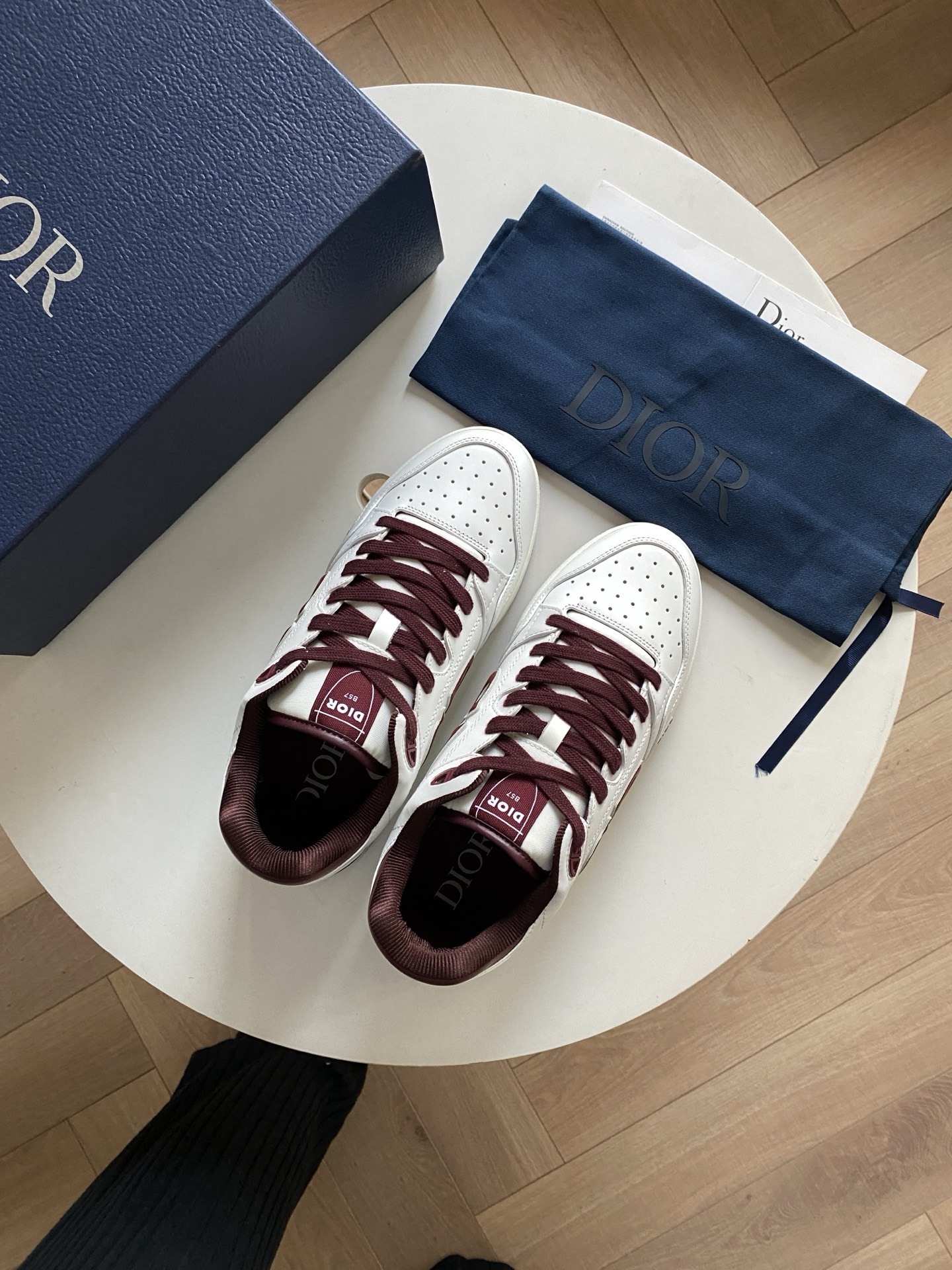 Dior Burgundy Laces Sneakers - Dior White Leather Burgundy Laces