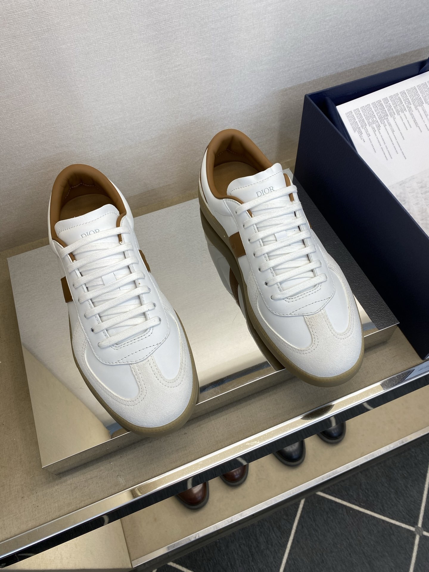 Dior White Leather Brown Trim Sneakers