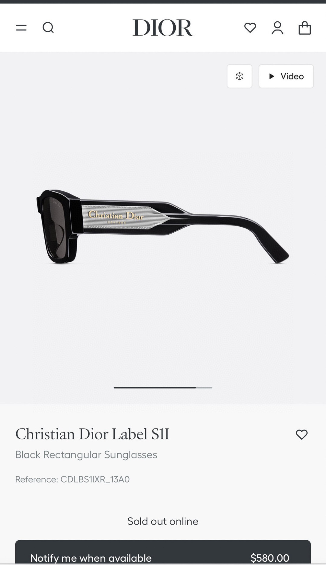 Christian Dior Label S1I Black Rectangular Sunglasses